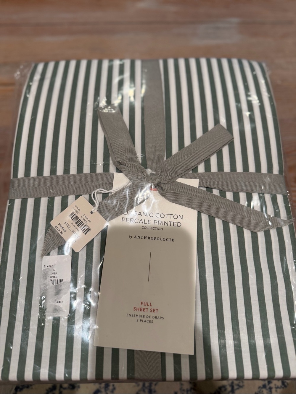 NWT Maeve Green and White Striped Organic Cotton Percale Sheet Set - Full